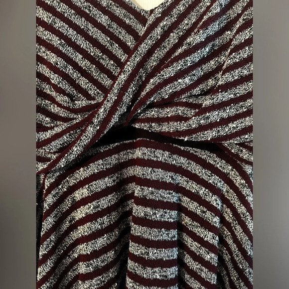 FREE PROPLE S Maverick Knit Gray Eggplant Stripe Wrap Lined Skater Dress V Neck - Picture 5 of 14
